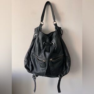 Mer Du Sud Genuine Leather Black Slouchy Drawstring Shoulder Purse